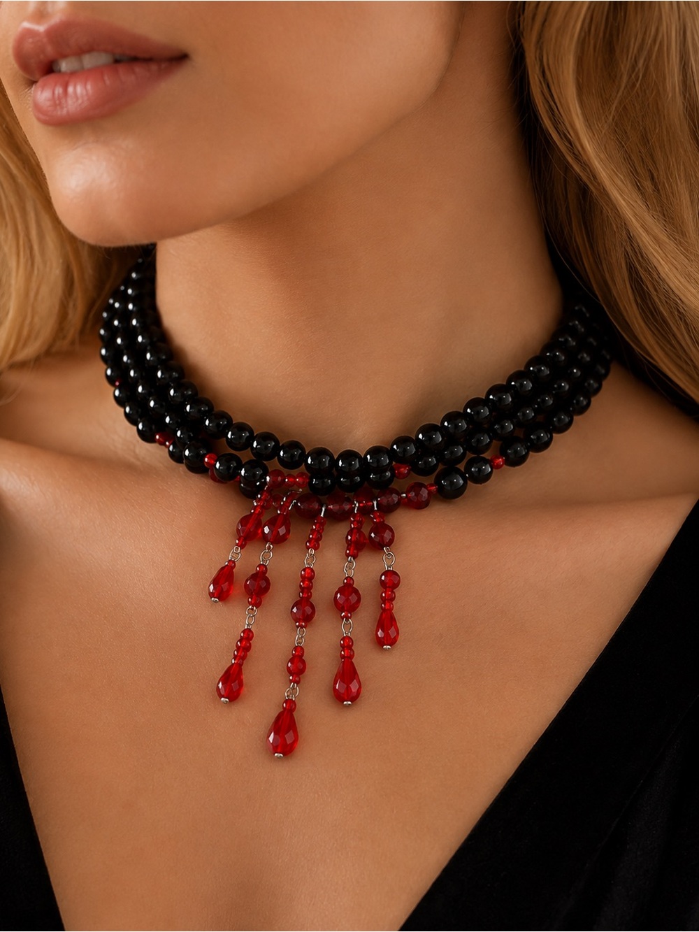 Black Beaded Necklace with Red Teardrop Fringe